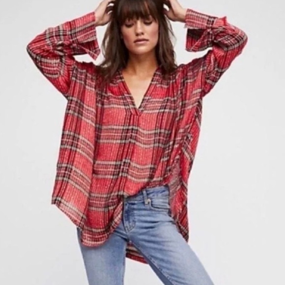 Free People Red and Black Plaid V-Neck Blouse extra large even tho tag says “med - Picture 2 of 9